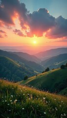 Serene landscape with rolling hills under a cloudy sky at sunrise, landscape, rolling hills, cloudy skies