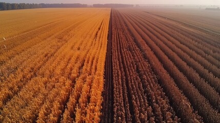 Fototapeta premium Aerial view of contrasting golden and green cornfields under a hazy sky during harvest season