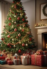Presents piled high under a large Christmas tree with a festive garland, ornaments, Gifts