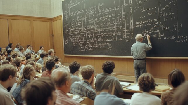 College professor writing equations on a chalkboard during a math lecture, classroom full of attentive students, academic focus