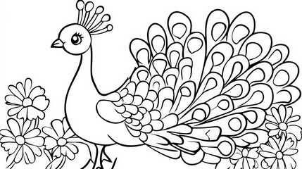 Fototapeta premium A beautiful outline of an elegant peacock standing amidst flowers, perfect for coloring activities Ideal for art lovers and relaxation, Outline
