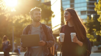 College students walking together on a modern university campus, holding coffee cups and laptops, wearing trendy casual clothes, warm sunlight in the background