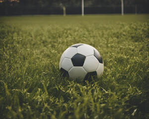 Fototapeta premium soccer ball, green grass, sunlight, perfect moment, football, outdoor, sport, ball resting, nature, glowing, morning sun, field, sports photography, game, outdoor sport, summer, energy, play, action, 