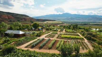 Community farming initiative using sustainable water practices like drip irrigation and mulching, vibrant landscape