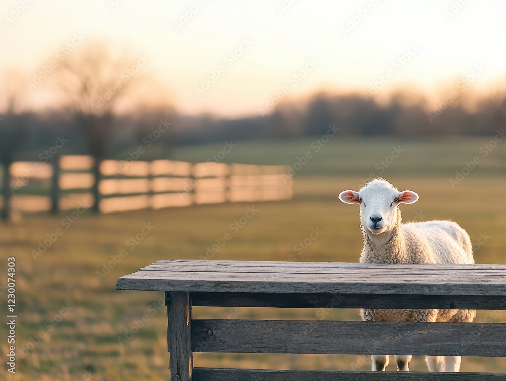 Poster sheep standing behind rustic wooden table in farm field at sunset