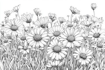 A tranquil hand-drawn pencil sketch of a blooming field.