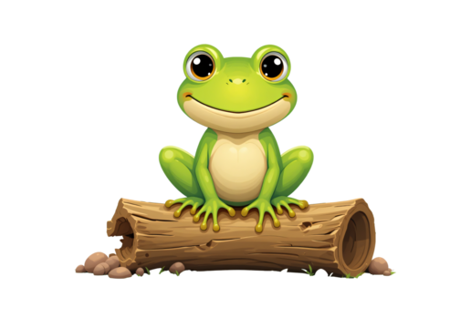 A cheerful cartoon frog sits on a log, perfect for kids' products transparent background.