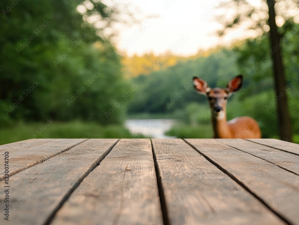 Aufkleber rustic wooden table by forest stream with blurred deer in background