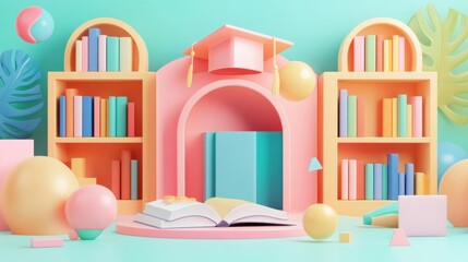 Fototapeta premium Creative 3D college icon set with graduation hats, bookshelves, and students, rendered in bright pastel colors for a fun and dynamic style