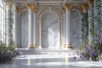 Naklejka premium Wedding backdrop, ornate marble gold wall with baroque columns, floral accents. Photography rococo background. 