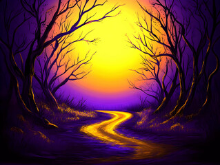 Golden path through purple forest, sunset