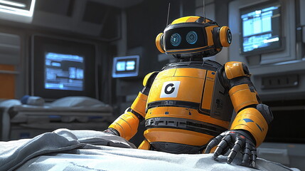 Small robot sitting on a hospital bed in a futuristic setting, surrounded by advanced technology and medical equipment, conveying a sense of care and assistance.