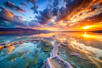 Dead Sea Long Exposure:  Salt Water, Minerals, and Dramatic Sky at Sunset