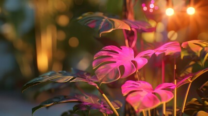 Fototapeta premium Vibrant tropical leaves illuminated by soft lights in a lush indoor garden setting