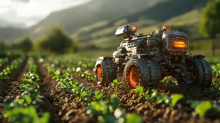 Sleek agricultural robot working in a lush green field surrounded by young plants with hills in the background under a bright blue sky and warm sunlight.
