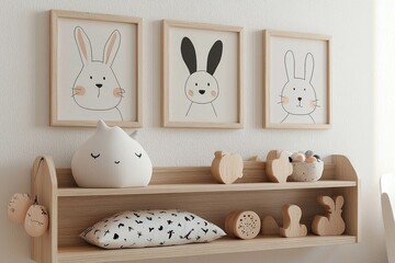 Stylish wooden shelf featured in a modern kids' room.