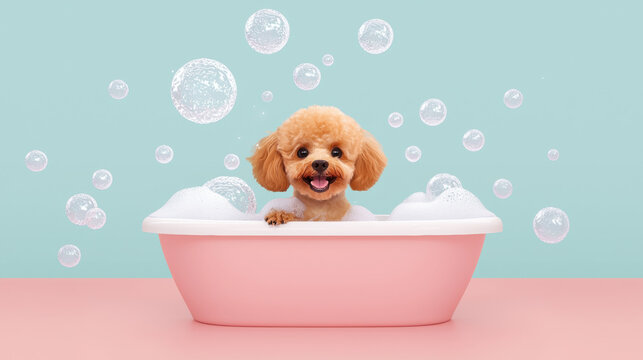Poodle illustration, A playful poodle enjoying a bubble bath in a flat illustration style, perfect for pet-themed designs and projects.
