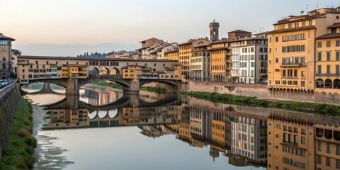 Reflections of Ponte Vecchio in the calm waters of the Arno River, ponte vecchio reflection, arne river, florence landscape, reflection, ponte vecchio