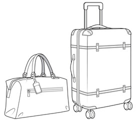 set of luggage flat sketch vector illustration technical cad drawing template