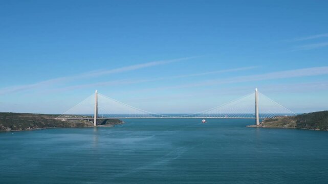 The Bosphorus flows into the Black Sea, view from the Yoros fortress, Anadolu Kavağı, Istanbul, Turkey. Sunny day