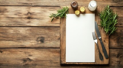 Minimalist restaurant menu on wooden board, elegant typography, hand-drawn food illustrations, modern rustic aesthetics