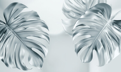 Metallic Tropical leaves on glossy mirror surface close-up. Generated by artificial intelligence.