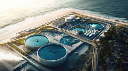 Detailed visual of a desalination plant on a coastal area, transforming seawater into freshwater