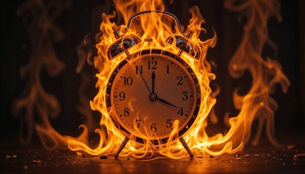 A burning alarm clock with flames erupting, capturing the urgency of a countdown and time running out in dramatic fashion
