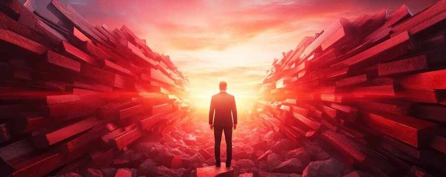 A determined leader stands amidst a powerful backdrop of abstract, red structures, embodying the pursuit of ambitious goals With a focused expression, the figure signifies a strong vision and