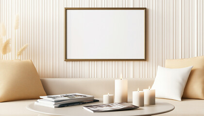 Stylish living room interior with candles and art frame.