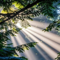 Obraz premium Sunbeams through forest leaves