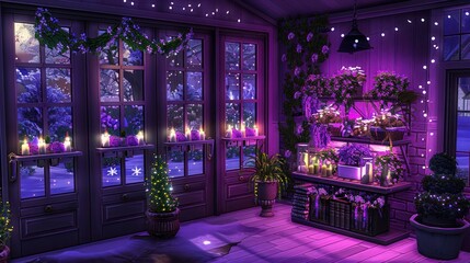 Cozy winter scene with a decorated interior, featuring plants and candles under soft lighting