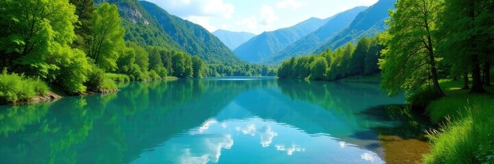 Fototapeta premium A clear blue lake with lush greenery and trees surrounding it, scenery, foliage