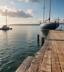 Fototapeta premium Sailing boat docked on a long pier with sailboat in the foreground, , buoys, ships