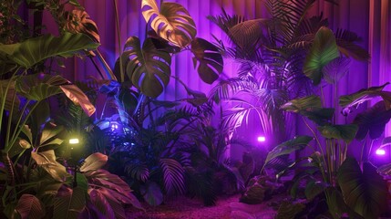 Lush indoor tropical garden illuminated by vibrant purple lights, creating a serene atmosphere