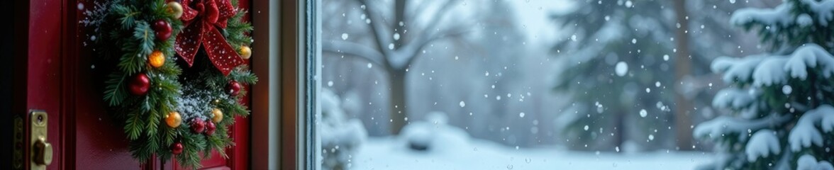 A frosty windowpane with snowflakes falling outside and a festive holiday wreath on the doorframe, winter wonderland, holiday decor