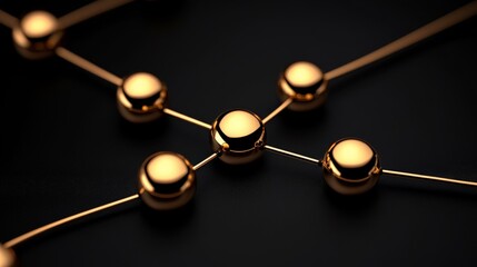 Golden Network: Abstract image of interconnected golden spheres on sleek black background, symbolizing network, connection, and global communication.