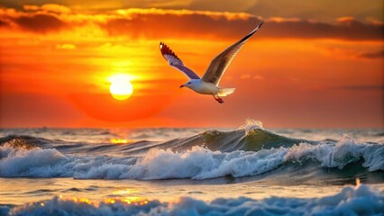 Naklejka premium Seagull soaring above the waves as fiery orange sun dips into the ocean, ocean, wildlife, seagull, horizon