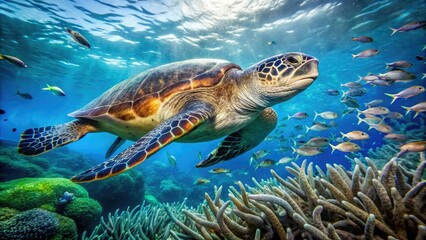 Fototapeta premium Sea turtle swimming through the coral reef amidst schools of small fish and seaweed, coral reef, seaweed swaying