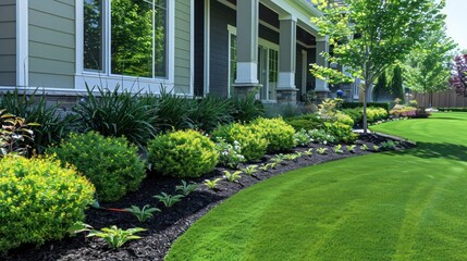 Fototapeta premium Lush Garden Landscape with Vibrant Shrubs and Well-Maintained Lawn Near Modern Home