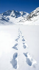 Snow footprints lead to mountains