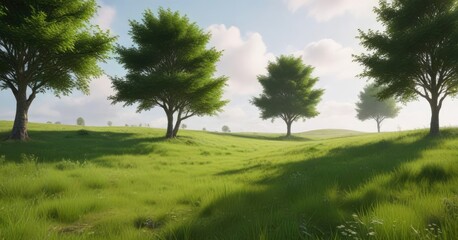 Obraz premium serene green grassy terrain with a few trees and a gentle breeze blowing, serene atmosphere, outdoor
