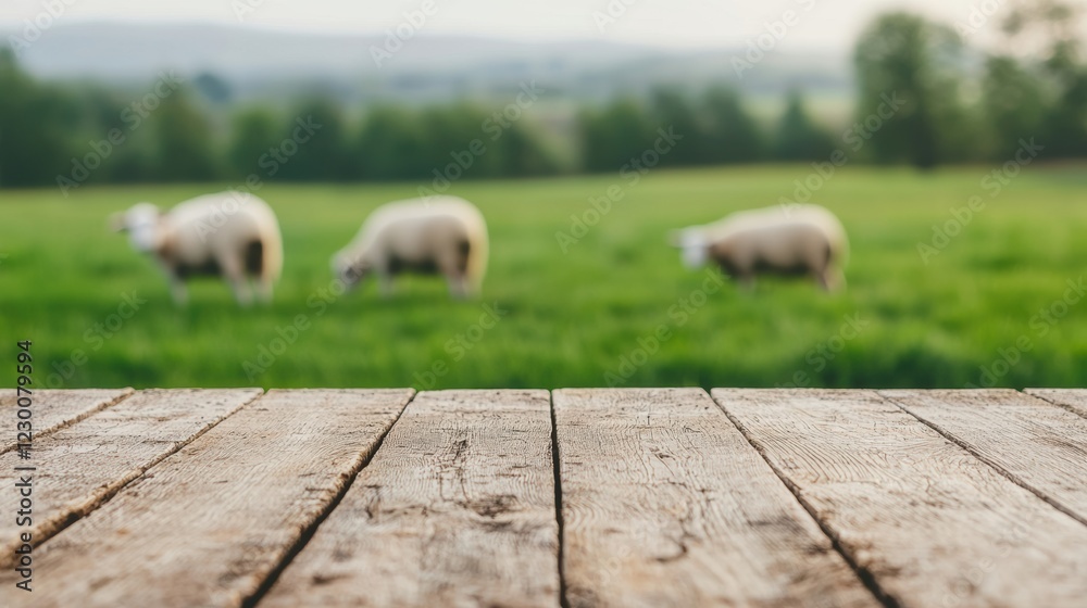 Aufkleber rustic wooden table with sheep grazing in green field background
