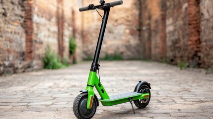 Green Electric Scooter in Urban Alleyway with Cobblestone Floor