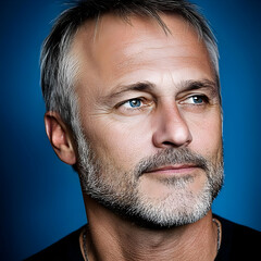 Mature man, pensive gaze, blue background, studio portrait, profile
