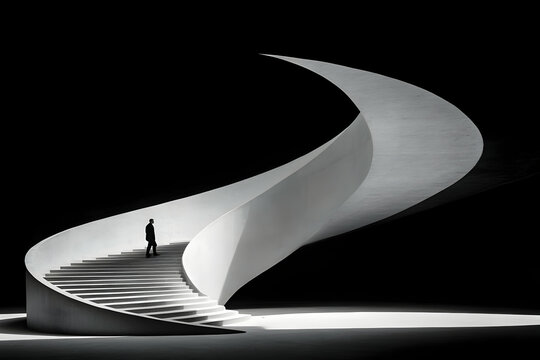 Man ascends modern spiral stairs, dark background, architectural design