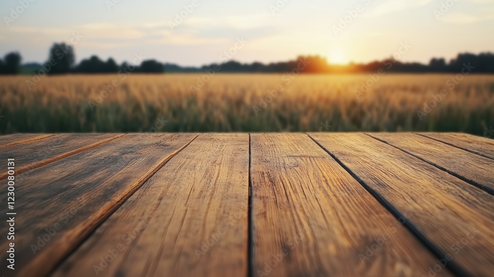 Poster empty wooden table with blurred wheat field background at sunset