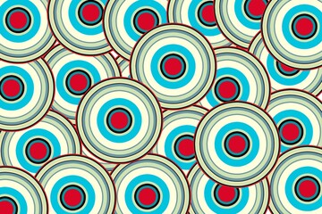 A seamless abstract pattern of overlapping concentric circles in shades of blue, red, and beige. The bold outlines and retro color scheme create a striking visual effect, ideal for backgrounds, design