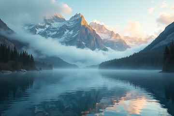 Serene Mountain Landscape with Misty Peaks and Reflective Lake at Sunrise/Sunset