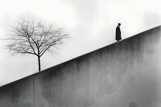 Man walks uphill, barren tree, grey sky, solitude